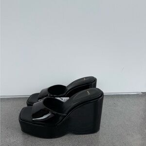 Mango Black Patent Platform Wedge Slides